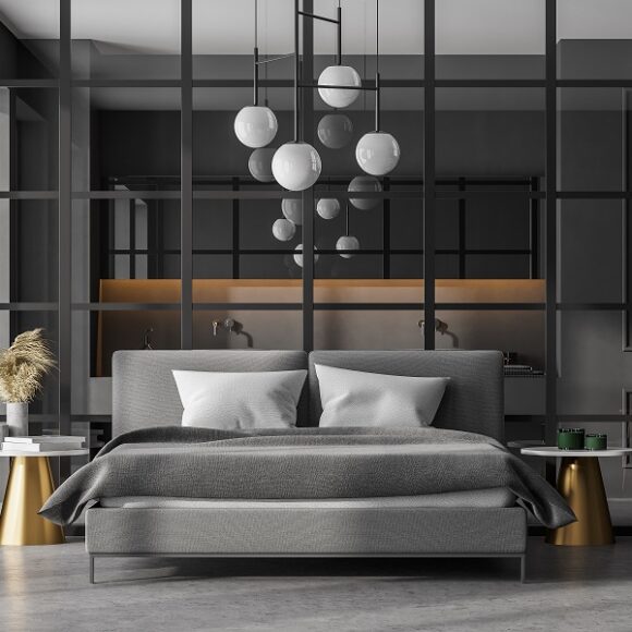 Grey,Living,Room,With,Bed,And,Grey,Linens,And,White